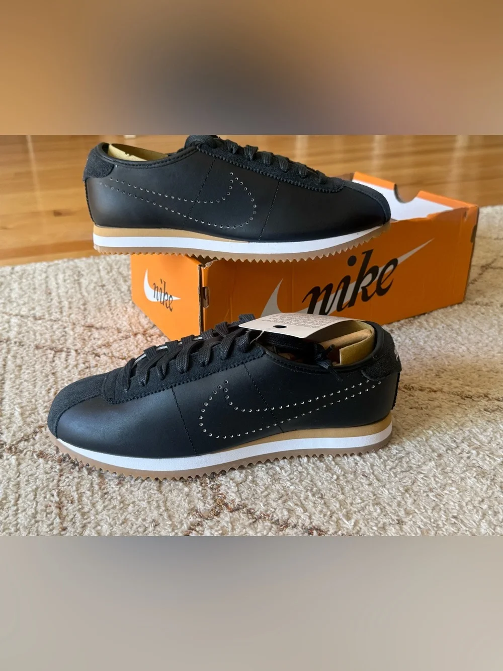 Nike Cortez Leather Women’s 8 Black Gum Perforated Swoosh Sneakers New